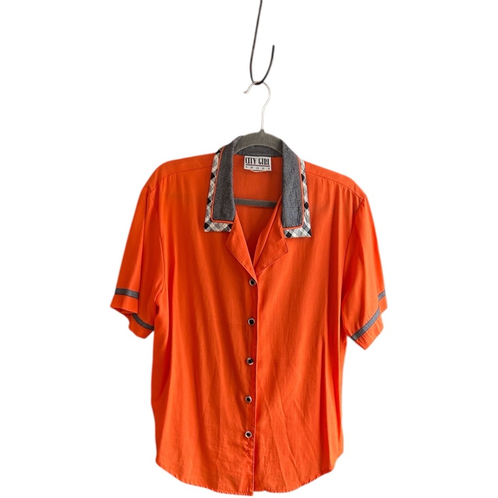 City Girl Sport by Nancy Bolen vintage Orange Black White poly Rayon blouse Sz L